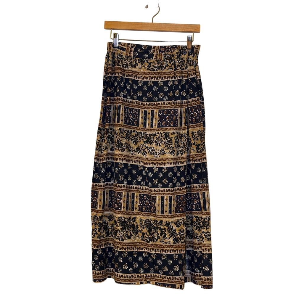 Vintage Anna & Frank Medium Silk Beige Block Print Paisley A-Line Maxi Skirt